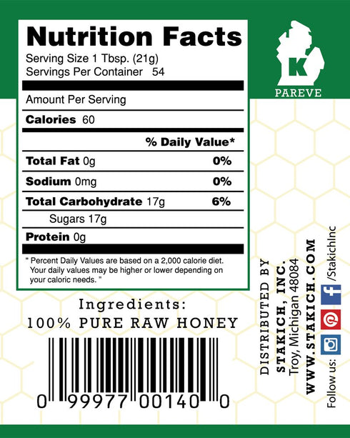 40 Stakich Raw Honey - Pure, Unprocessed, Unheated, Kosher - Ounce