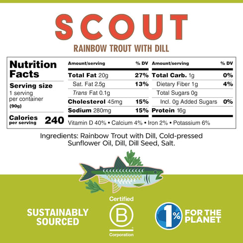 (Pack 1 90g SCOUT Rainbow Trout with Dill | Responsibly Sourced Seafood Tins | Rainbow Trout in BPA-Free, Recyclable