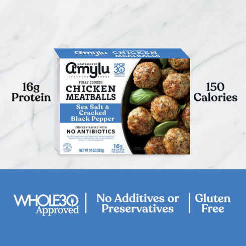 16g 10 oz Amylu Foods Sea Salt & Cracked Black Pepper Chicken Meatballs, Natural Ingredients, of Protein, Chicken