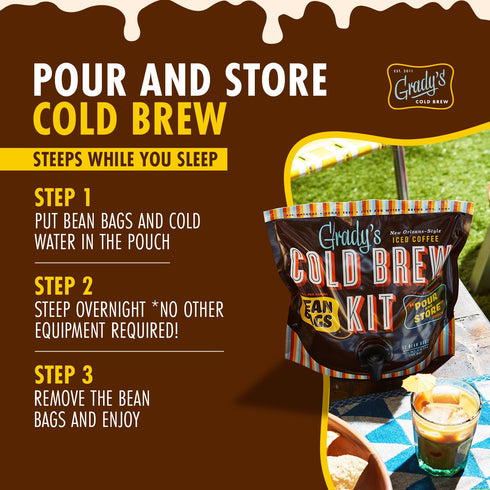 100% 12 36 GRADYS COLD BREW, New Orleans Style, Arabica Ground Coffee & Chicory Pouches, All-in-One Cold Brew Kit