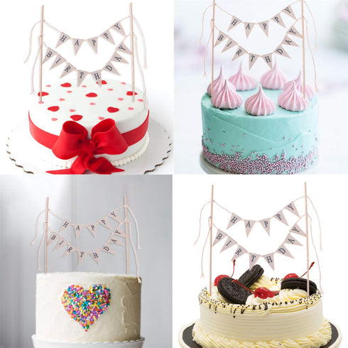 LOCOLO Happy Birthday Cake Toppers, Ivory Cake Topper with Wooden Sticks for Party Decoration Supplies