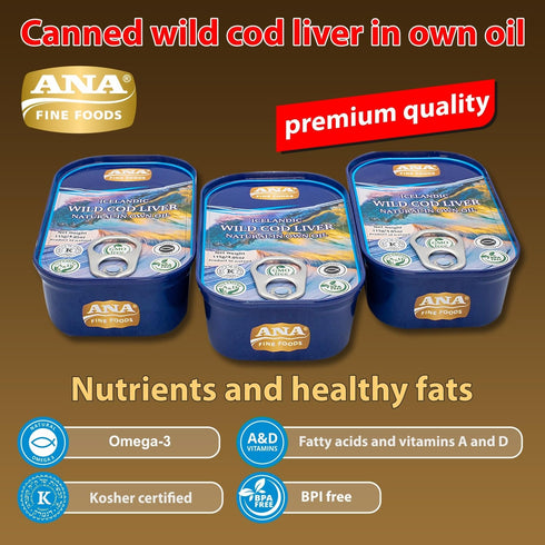 Pack 12 (4.05 oz Omega-3 Wild Icelandic Canned Cod Liver in Own Oil of Cans) | Wild-Caught | Rich, Vitamins A & D |