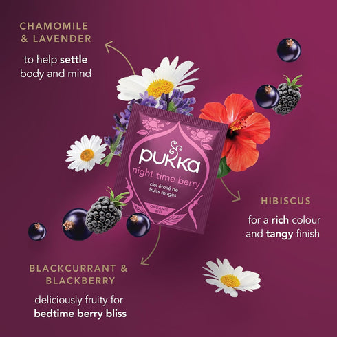 Set 80 (20ct Pack 4) Pukka Night Time Berry Organic Herbal Tea, Soothing Infusion With Chamomile, Lavender