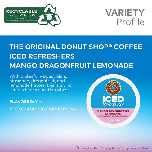 20 Count The Original Donut Shop Iced Refreshers, Mango Dragonfruit Lemonade Flavor, Keurig Single Serve K-Cup Pods