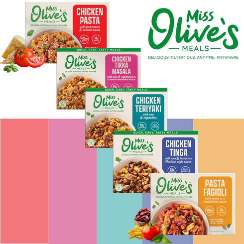 Pack 5 Pack Miss Olives Ready Meals Variety of Ready-to-Eat Microwaveable Meals Tinga, Tikka, Teriyaki, Pasta Fagioli