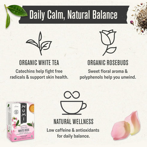 16 Numi Organic White Rose Tea, Tea Bags, White Tea & Fragrant Rosebuds, Low Caffeine