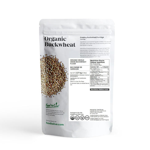 5 Food to Live Organic Hulled Buckwheat Flour, Pounds Non-GMO, Finely Milled Raw Groats, Kosher, Vegan Powder. Good