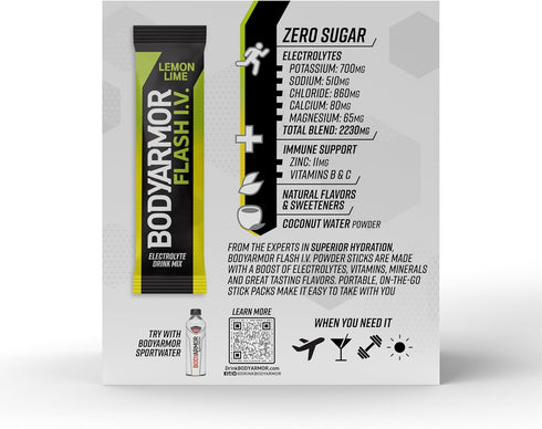 Packets, Packs, (15 Count) BODYARMOR Flash IV Electrolyte Lemon Lime - Zero Sugar Drink Mix, Single Serve Coconut Water
