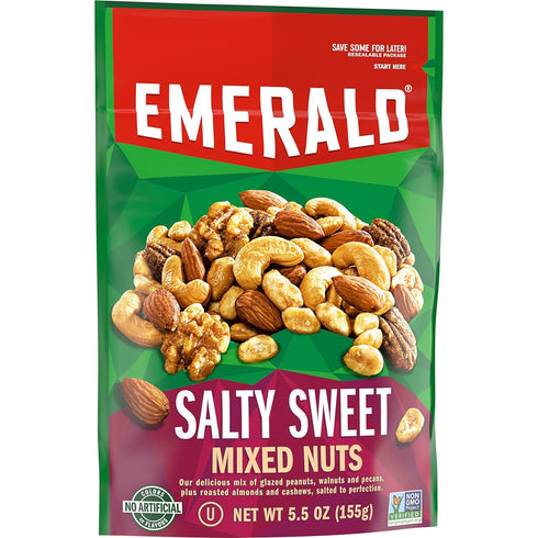 Emerald Nuts, Salty Sweet Mixed Nuts, Features Kettle Glazed Peanuts, Almonds, Cashews,