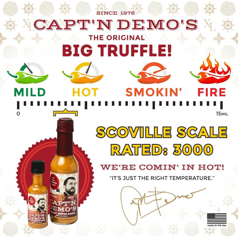 CAPT'N DEMO'S RED HOT PEPPER SAUCE Set (2 Pack CAPTN DEMOS Truffle Hot Sauce BIG TRUFFLE FLASK - Gourmet Red Sauce
