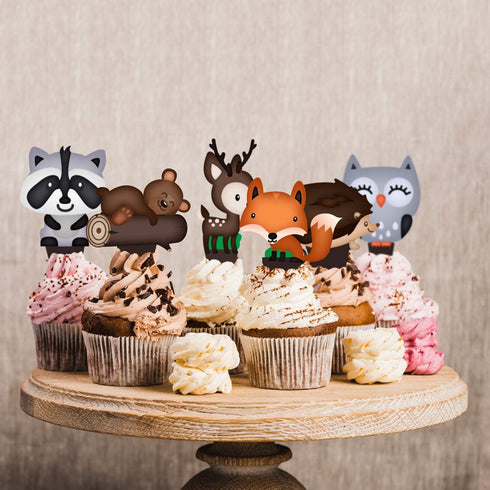 Pretty Cute Studios 48 Count Woodland Animals Cupcake and Cake Toppers – Includes 8 Owls, 8 Teddy Bears, 8 Raccoons, 8