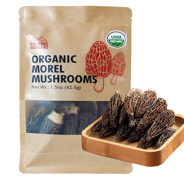 VIGOROUS MOUNTAINS Organic Dried Morel Mushrooms for Cooking, Intact Shapes, Short Stems