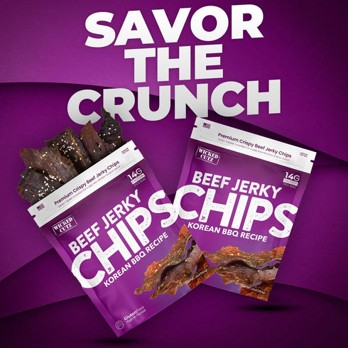 14g (2 Wicked Cutz Korean BBQ Beef Jerky Chips, Protein per Bag, Crispy & Crunchy Beef Jerky Crisps, USA Made Barbeque
