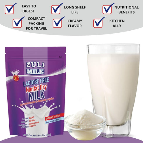 16oz (3 Pack) Nonfat Dry Milk Powder for Baking & Coffee - Fat Free & Lactose Free Powder for Adults, Non-GMO, rBST