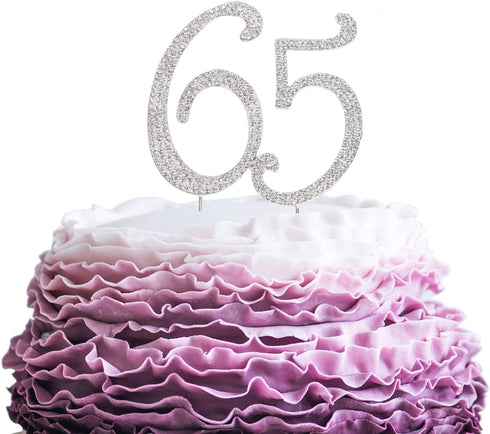 65 Years Birthday Cake Topper, Crystal Rhinestone 65th Wedding Anniversary or 65 Years Old Party Decoration Silver