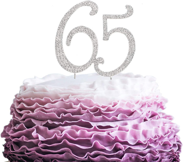 65 Years Birthday Cake Topper, Crystal Rhinestone 65th Wedding Anniversary or 65 Years Old Party Decoration Silver