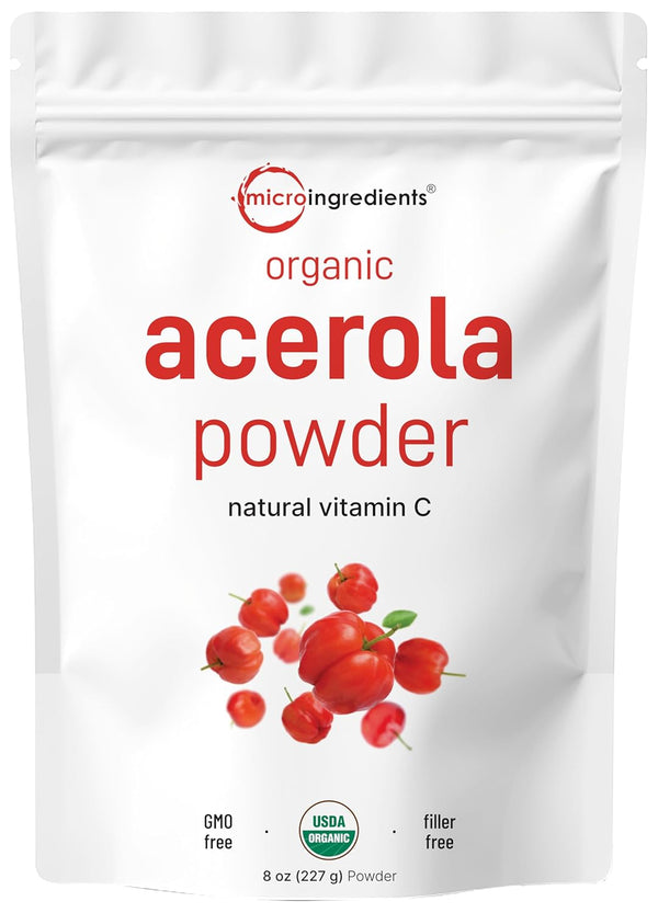 Organic Acerola Powder, 8oz - Natural Vitamin C Superfood, No Sugar & Additives, Great for Drinks & Smoothies