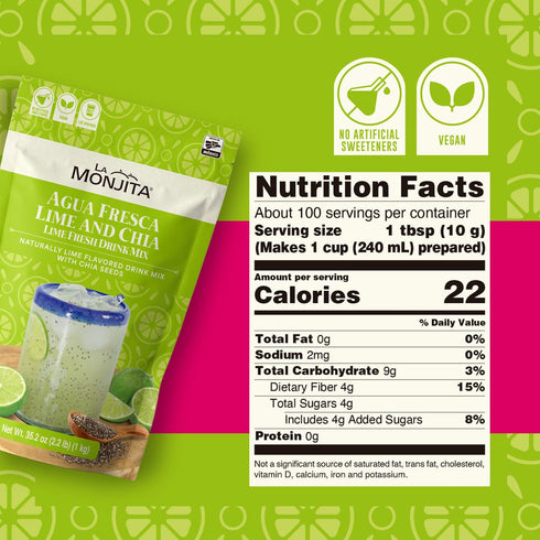 100 (1kg 35.2oz) La Monjita Agua Fresca Lime and Chia - Naturally Lime Flavored Drink Mix With Chia Seeds - Servings /