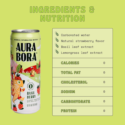 12 oz (Pack 12), 0 0 0 Aura Bora, Strawberry Basil Herbal Sparkling Water, Can of Calories, Sugar, Sodium, Non-GMO