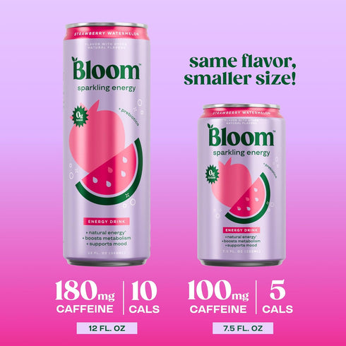 7.5oz 12 Pack Bloom Nutrition Sparkling Energy Drink Minis, Raspberry Lemon & Strawberry Watermelon