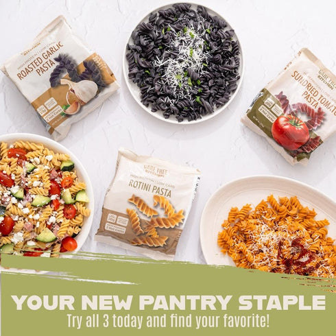 3-Pack (8 oz. 20g 2g 26g Care Free Kitchen Rotini Keto Pasta Noodles Variety Bags) Plain, Sundried Tomato, Roasted