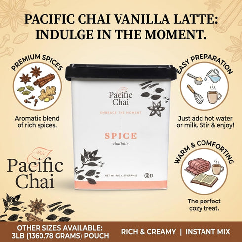 Pacific Chai 9 oz (Pack 6) Spiced Chai Latte Mix, Instant Chai Tea Latte Drink Mix, Gluten Free, Kosher Certified
