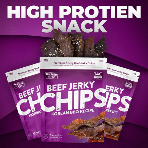 14g (2 Wicked Cutz Korean BBQ Beef Jerky Chips, Protein per Bag, Crispy & Crunchy Beef Jerky Crisps, USA Made Barbeque