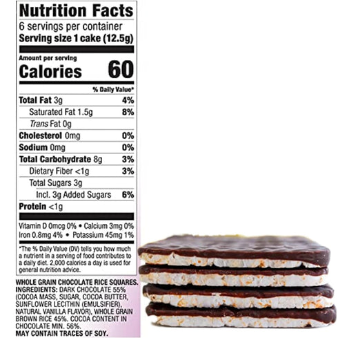 Just Grown 2.6 oz, Pack 3 Chocolate Covered Rice Cakes Squares, Whole Grain, Dairy Free, Gluten Free, Kosher, Low