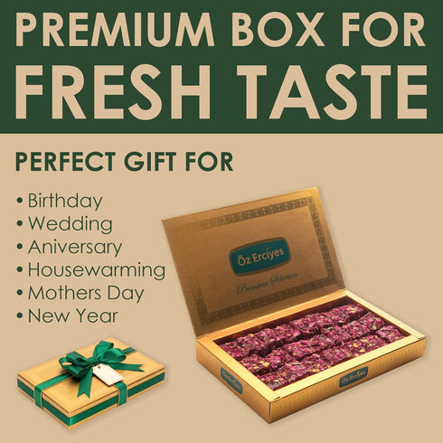 OZ ERCIYES 17.6 oz (500g) Turkish Delight with Rose Petals and Pistachio Soft Lokum Candy, Gourmet Turkish Sweets Gift