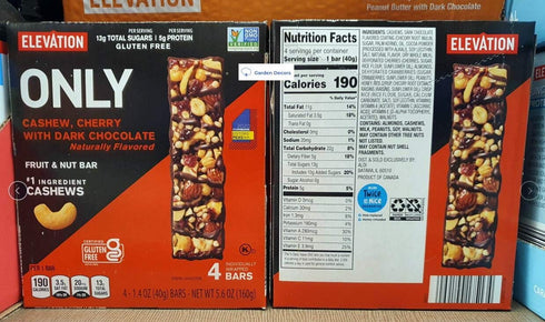 Elevation by Millville 5.6oz 160g Elevation ONLY Cashew, Cherry with Dark Chocolate Fruit & Nut Bar (Single Box)