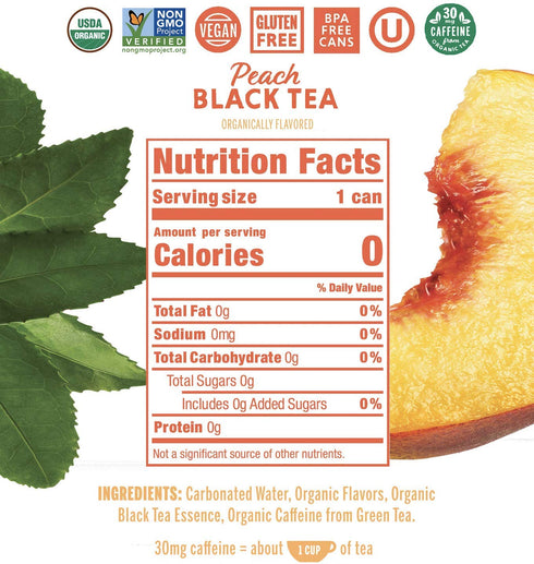 (30mg) 12 oz 24 pack 0 0 0 Nixie Sparkling Water, Peach Black Tea, Lightly Caffeinated | fl cans, | Organic, Vegan