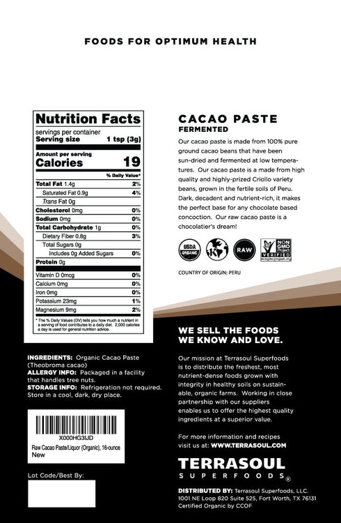 2 Terrasoul Superfoods Raw Organic Cacao Paste/Liquor, Pounds
