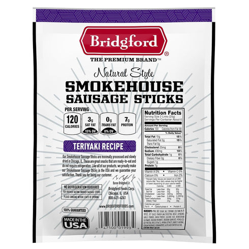 5 oz Pack 4 Summer Bridgford Smokehouse Sausage Sticks Teriyaki of - Made with Beef and Pork - Gluten Free High Protein