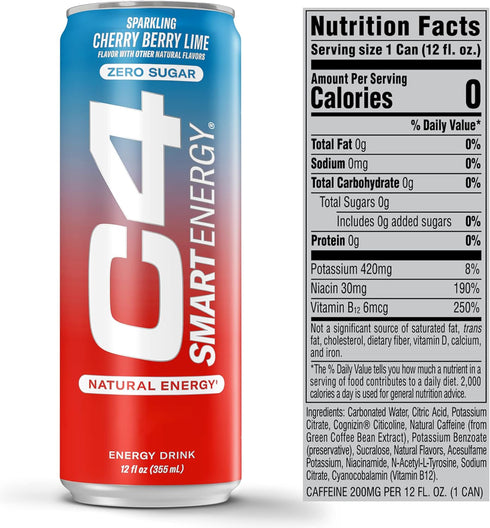 C4 12 Oz 12 Pack Cellucor Smart Energy Drink - Sugar Free Performance Fuel & Nootropic Brain Booster, Coffee Substitute