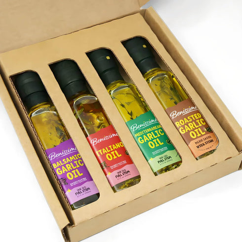 Pack 4 Set, 8.1 oz Benissimo Herb Infused Cooking Oil Chef Artisan Flavored Oils: Italiano, Roasted Garlic