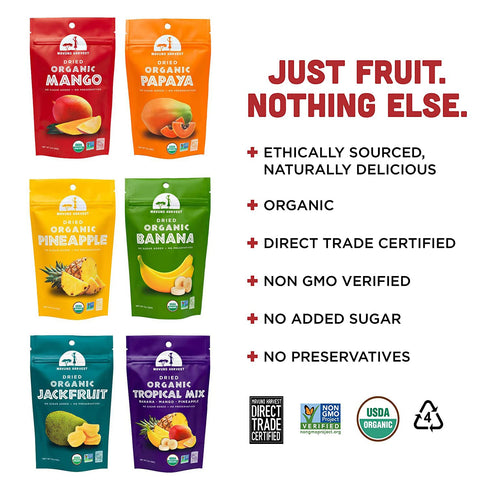 Pack 2 6 Pack Mavuno Harvest Organic Dried Fruit Variety | Dried Mango, Papaya, Pineapple, Banana, Jackfruit
