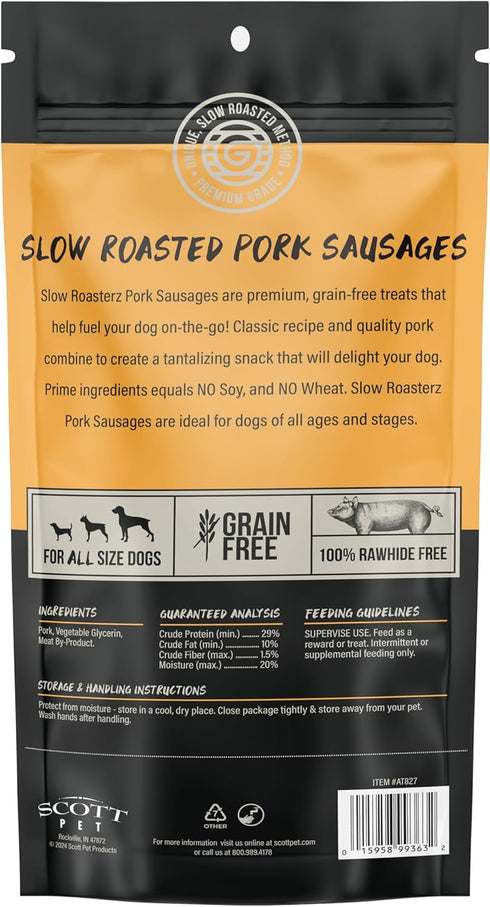 4 Count, 6 inch, Grillerz Slow Roasterz Pork Sausages, All Natural Dog Treat for All Breeds, Dog Chew for Healthy Teeth