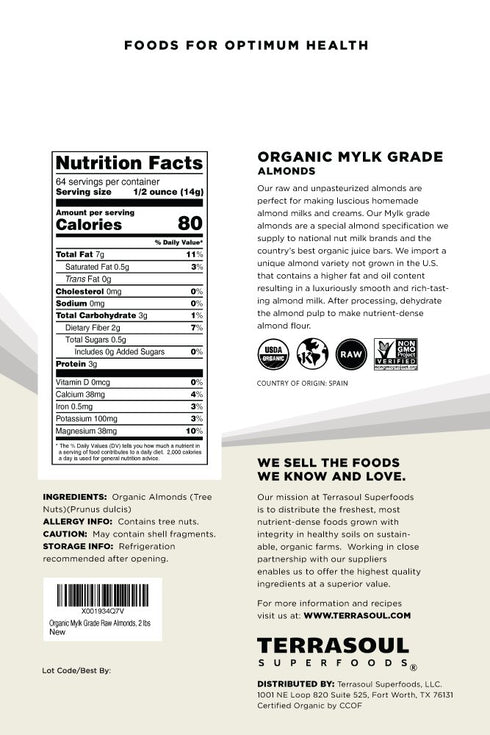 2 Terrasoul Superfoods Raw Unpasteurized Organic Almonds (Mylk Grade), Pounds
