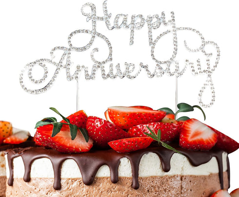 Happy Anniversary Cake Topper, Wedding Anniversary Crystal Rhinestone Party Decoration, Silver