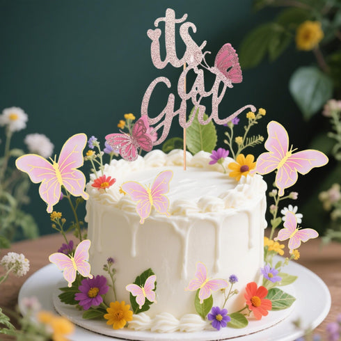 ALISSAR New Double Sided Rose Gold Butterfly Baby Shower Cake Topper Set, It's A Girl Cake Topper & 16 Pink Butterflies