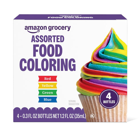 Amazon Grocery, Assorted Food Coloring, Contains Red, Blue, Green, Yellow Bottles, 1.2