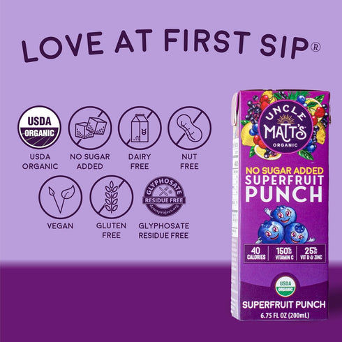 32 pack, 40 Uncle Matts Organic Juice Boxes No Added Cane Sugar Superfruit Punch, USDA Organic, Only Calories