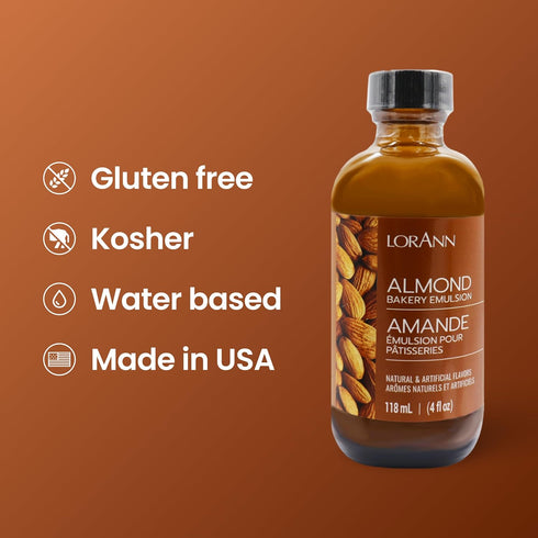 4 oz LorAnn Almond Bakery Emulsion, - Intense Almond Flavor Extract for Baking, Cookies, Bars, Frosting, Ice Cream