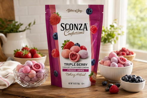 Sconza 18 oz Triple Berry Freeze-Dried Berries Covered in Yogurt Flavored Crme, Strawberry Blueberry Raspberry Candy
