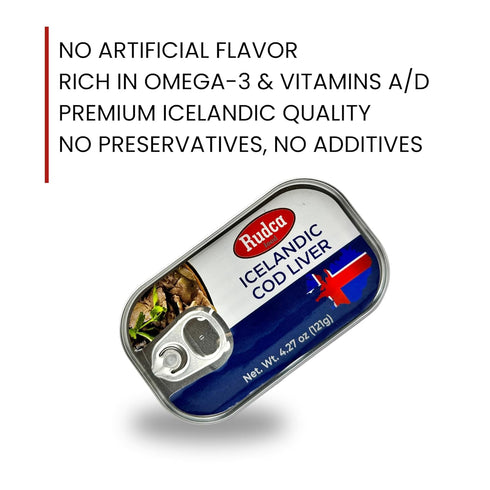 4.27 oz (121g) (Pack 6) Rudca Food Icelandic Cod Liver - Wild-Caught in Own Oil