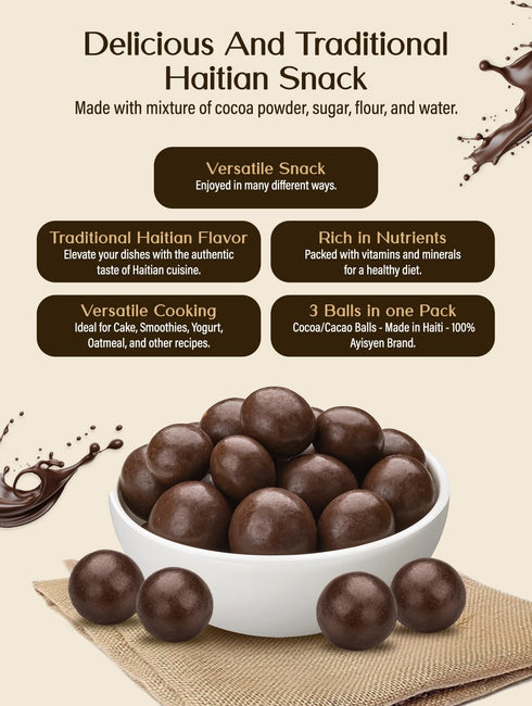 100% AYISYEN 3 Count, 5.29 oz, Haitian Chocolate Balls, Cocoa Cacao Balls
