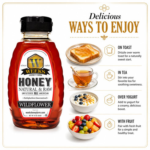16 oz Weeks Honey Farm Wildflower Honey Raw & Unfiltered, Pure Natural Honey, Rich Floral Flavor, USA Harvest, Squeeze