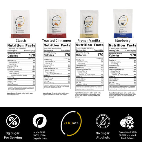 Zeroats 12 Pack) Organic Oatmeal - Zero Sugar, Vegan Oats, Sweetened With Monk Fruit (Variety