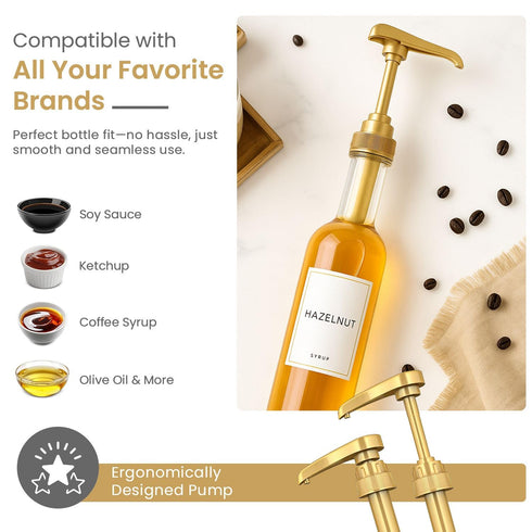 Syrup Pump for Coffee Syrup Bottles – 2-Pack Dispenser Pumps for 750ml Flavoring Syrup Bottles – Gold for Home & Cafe