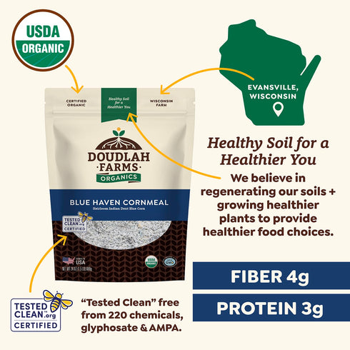 1.5 lb, Organic Blue Haven Cornmeal Unsalted, Heirloom Indian Dent Blue Corn, Non-GMO, Farmed From Regenerative Soil